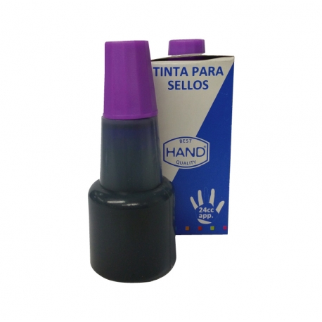 Tinta económica marca HAND en color violeta para timbres de goma y/o madera