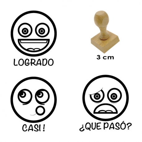 Pack de 3 timbres de goma didácticos de Caritas más tampón de tinta Azul