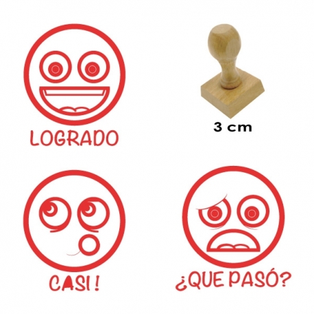 Pack de 3 timbres de goma didácticos de Caritas más tampón de tinta Azul