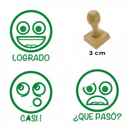 Pack de 3 timbres de goma didácticos de Caritas más tampón de tinta Azul
