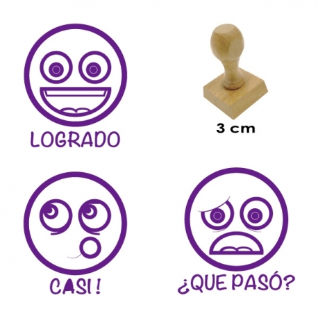 Pack de 3 timbres de goma didácticos de Caritas más tampón de tinta Azul