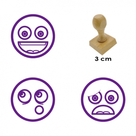 Pack de 3 timbres de madera didácticos con caritas mas tampón Color Azul 