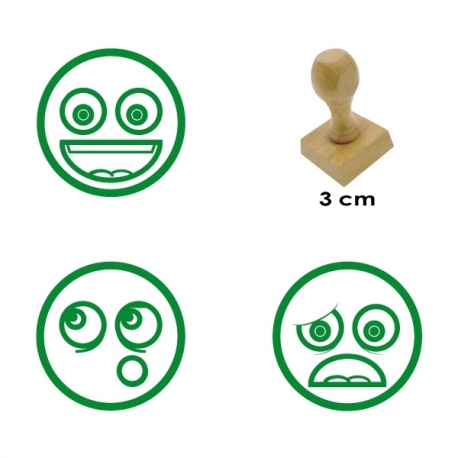 Pack de 3 timbres de madera didácticos con caritas mas tampón Color Azul 