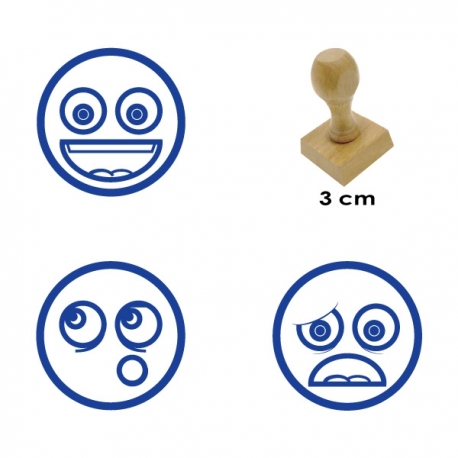 Pack de 3 timbres de madera didácticos con caritas mas tampón Color Azul 