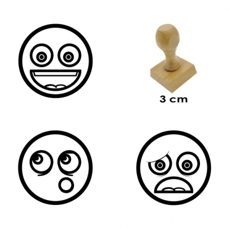 Pack de 3 timbres de madera didácticos con caritas mas tampón Color Azul 