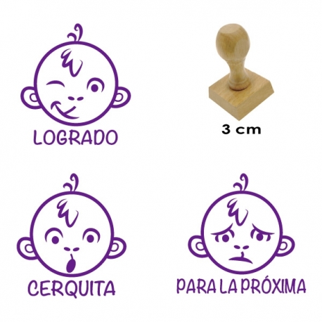 Pack 3 timbres didácticos en forma de mono con texto personalizable de Color Azul
