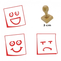 Pack de 3 timbres de madera didácticos en formato de post-it - Con carita para calificar con 3 expresiones distintas