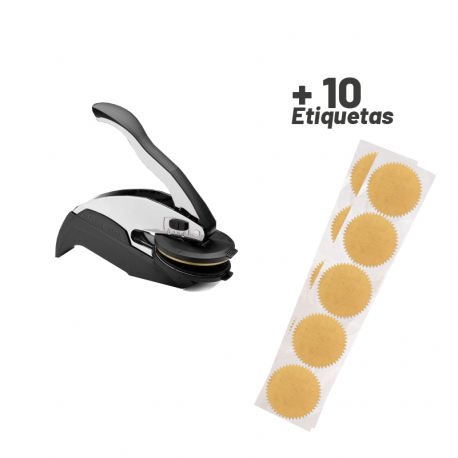 Timbre de Agua o Sello Seco de 4 cms de diámetro + 10 etiquetas autoadhesivas de regalo