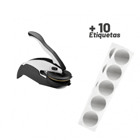 Timbre de Agua o Sello Seco de 4 cms de diámetro + 10 etiquetas autoadhesivas de regalo