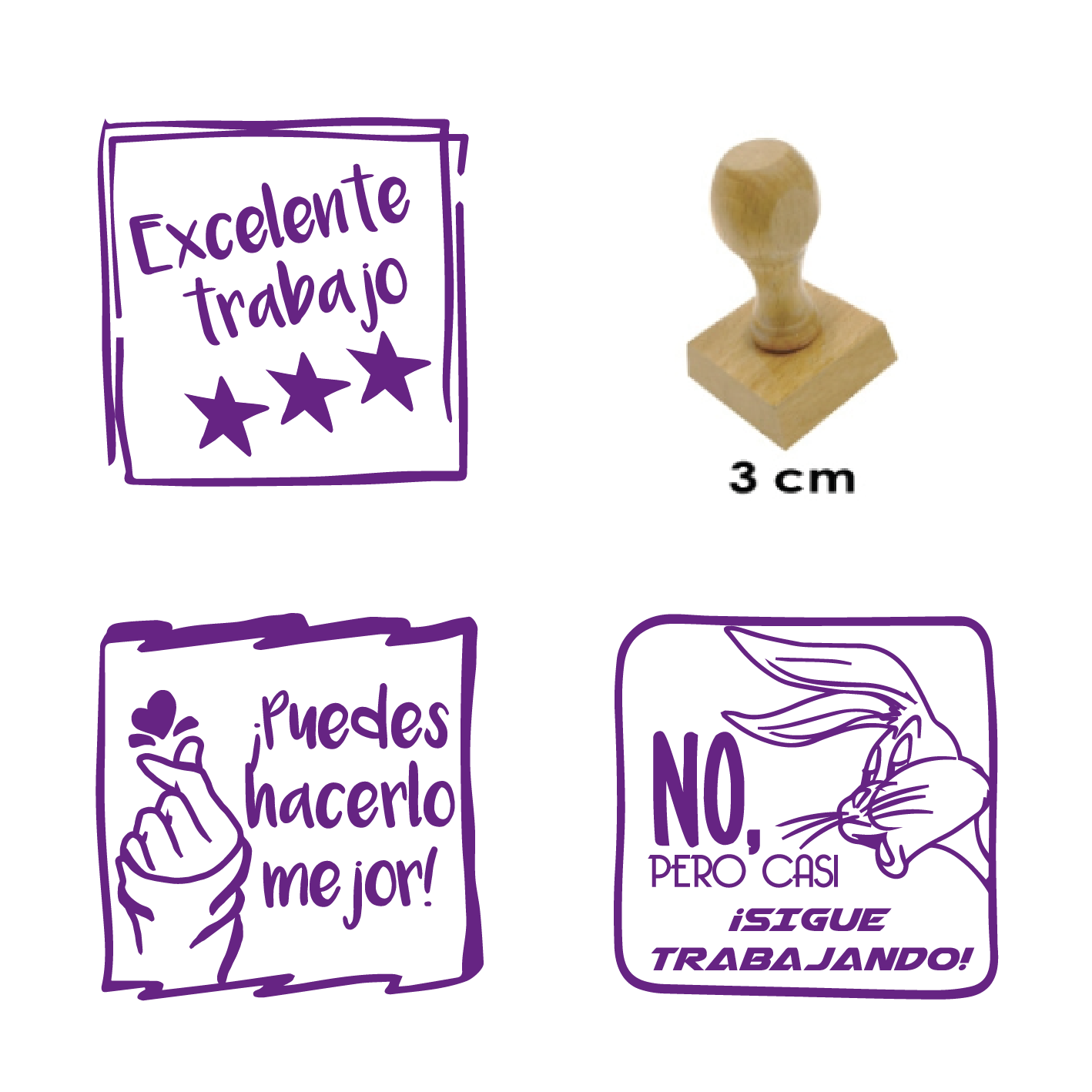 Set timbres de goma con diseños para evaluación de actividades - 3 unidades - Ideal para uso escolar y doméstico - Modelo A