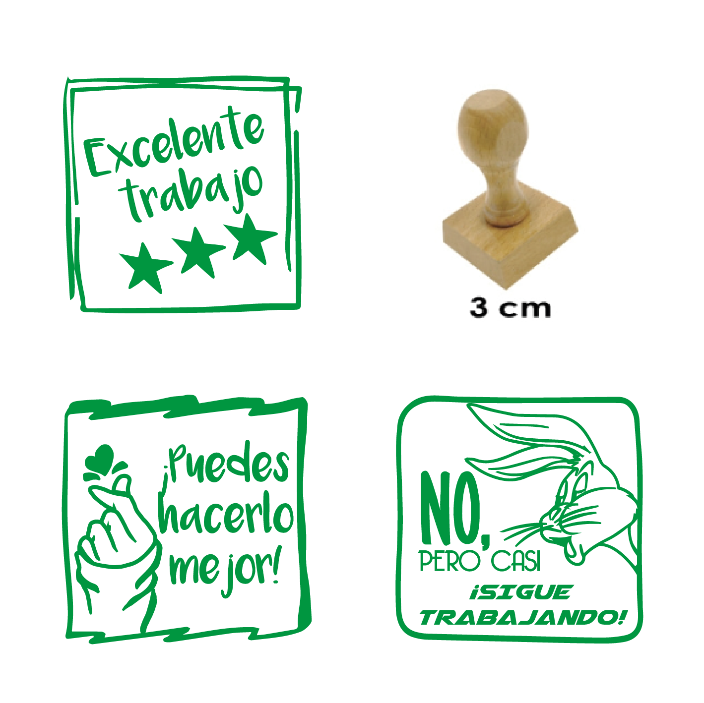 Set timbres de goma con diseños para evaluación de actividades - 3 unidades - Ideal para uso escolar y doméstico - Modelo A