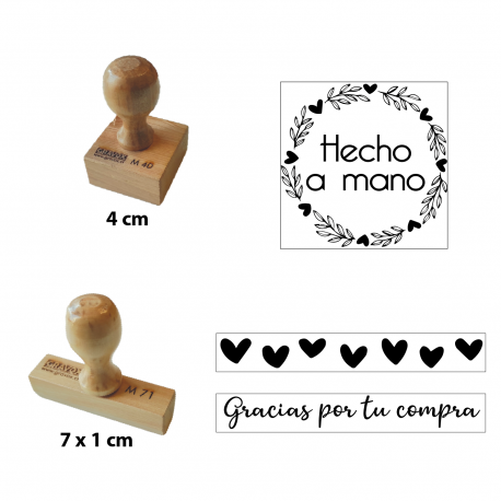 Timbres de goma con diseño para emprendimiento - 3 unidades - Ideales para timbraje de packing - Modelo Hecho a mano / Corazones