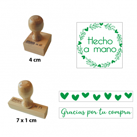 Timbres de goma con diseño para emprendimiento - 3 unidades - Ideales para timbraje de packing - Modelo Hecho a mano / Corazones