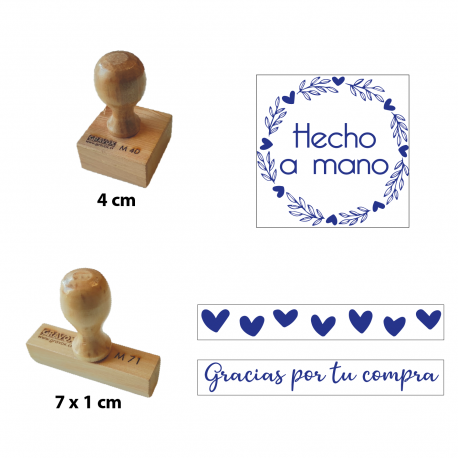 Timbres de goma con diseño para emprendimiento - 3 unidades - Ideales para timbraje de packing - Modelo Hecho a mano / Corazones