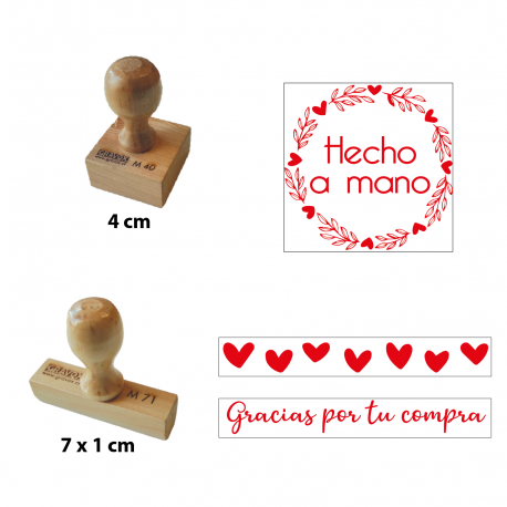 Timbres de goma con diseño para emprendimiento - 3 unidades - Ideales para timbraje de packing - Modelo Hecho a mano / Corazones