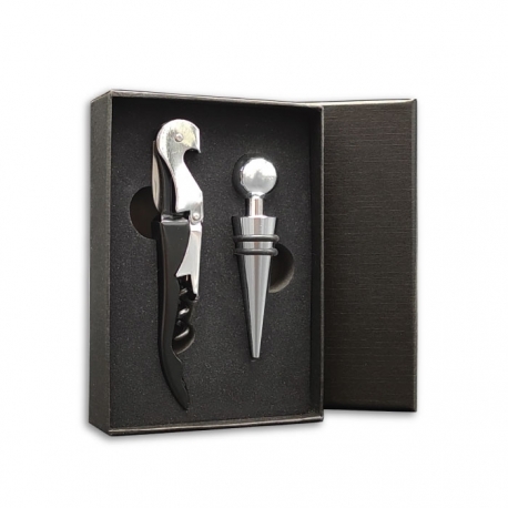 Set para botella de vino 2 piezas - Destapador saca corcho y tapón - Ideal para regalo - Incluye placa metalizada personalizada