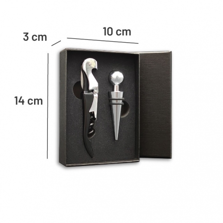 Set para botella de vino 2 piezas - Destapador saca corcho y tapón - Ideal para regalo - Incluye placa metalizada personalizada