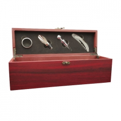 Caja para vino + accesorios - Terminación de madera color caoba - Incluye 4 accesorios y grabado personalizado