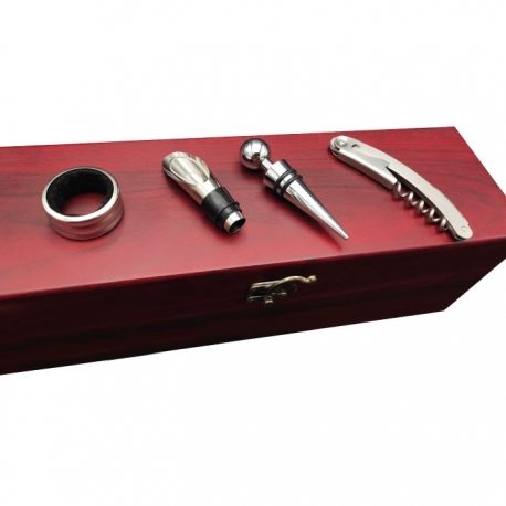 Caja para vino + accesorios - Terminación de madera color caoba - Incluye 4 accesorios y grabado personalizado