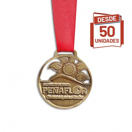 Medalla metálica de 6 cm personalizada en colores dorado plata y cobre a elección, fabricada en Zamak, incluye diseño.