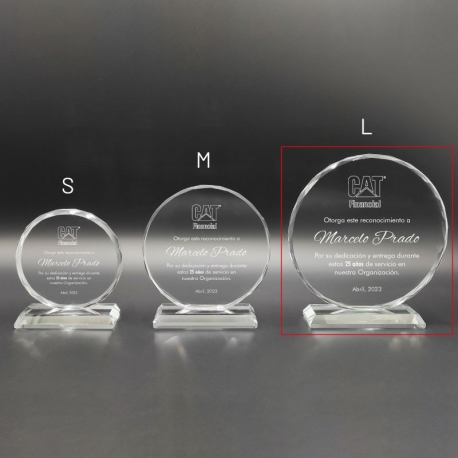 Galvano de cristal Circle L (Grande), Incluye Grabado láser personalizable 