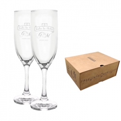 Set de 2 Copas para Espumante y/o Champagne grabadas, modelo Versalles, incluye caja de presentación. 170 cc
