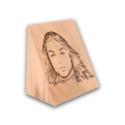Rostro grabado en media cuña madera 9 x 8.5 cm - Retrato en dibujo de línea - Incluye caja de presentación
