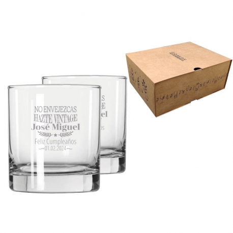 2 Vasos de Whisky Cristal Gran Stölzle 42 mas caja de presentación, incluye grabado láser