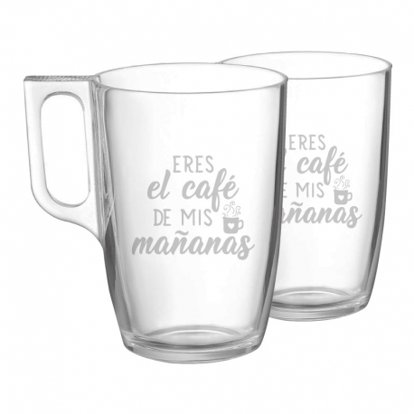2 Tazas de Vidrio Mug Tarsilla para Té mas caja de presentación, Incluyen grabado láser. 300 cc