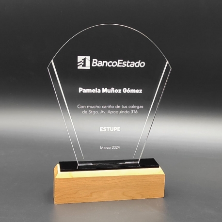 Galvano Abanico Acrílico Transparente 4 mm con Base de Madera y Detalles en Acrílico Negro - Personaliza tu diseño