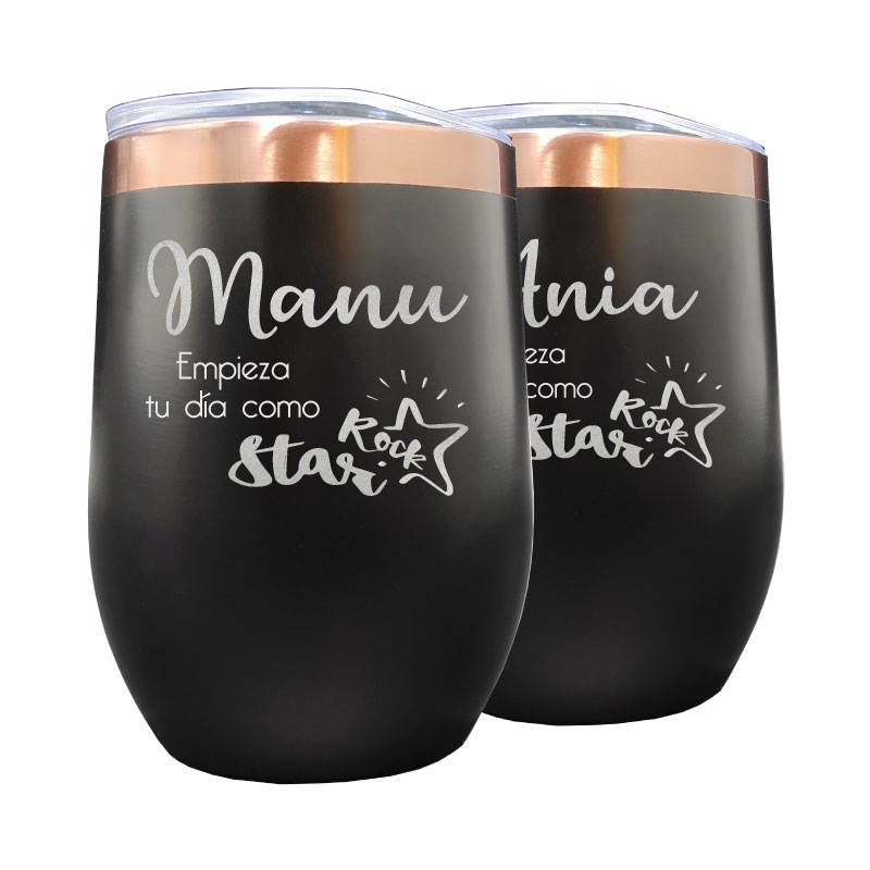 Pack 2 Vasos térmicos Mug negro y cobre 320 cc acero inoxidable - Diseño personalizado con grabado láser