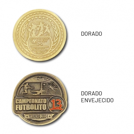 Medalla metálica de 6 cm personalizada en colores dorado plata y cobre a elección, fabricada en Zamak, incluye diseño.