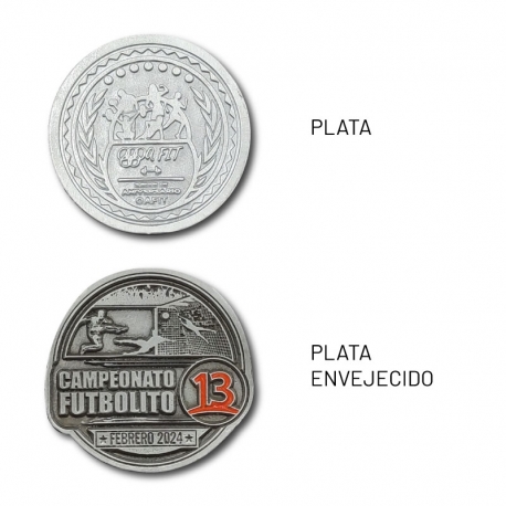 Medalla metálica de 6 cm personalizada en colores dorado plata y cobre a elección, fabricada en Zamak, incluye diseño.