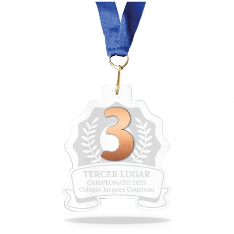 Medalla para premiación línea Prime Tercer lugar - Diseño de número, destacado en flexilase metalizado cobre