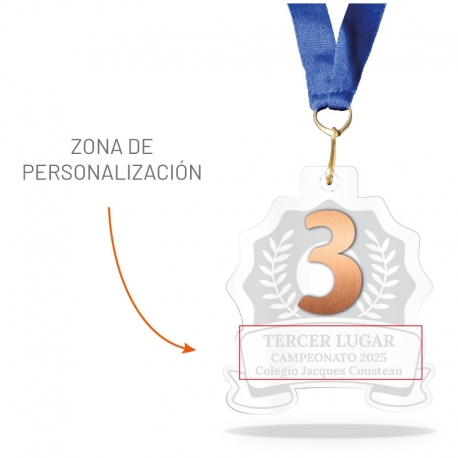 Medalla para premiación línea Prime Tercer lugar - Diseño de número, destacado en flexilase metalizado cobre