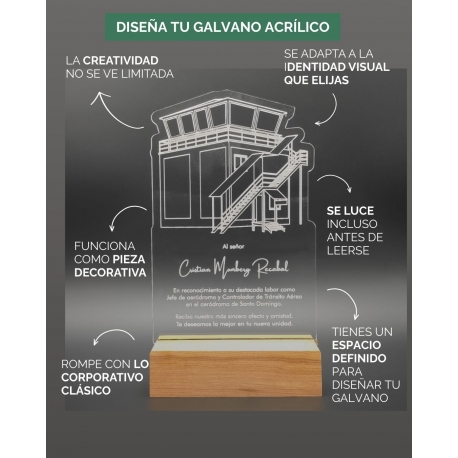 Galvano de Acrílico economico con forma personalizada y base de madera. Pon aquí tu logo o la forma que quieras.