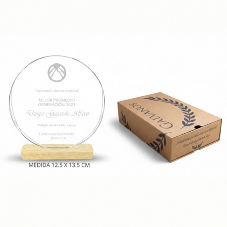Galvano Acrílico Redondo-Circular 12,5 cms con base de madera incluye caja y grabado láser