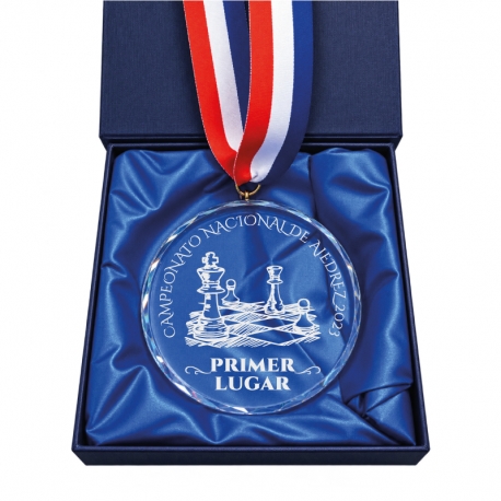 Medalla de Cristal de 7 cm Ø con gancho y Cinta Tricolor Medalla de Cristal de 7 cm Ø con gancho y Cinta Tricolor
