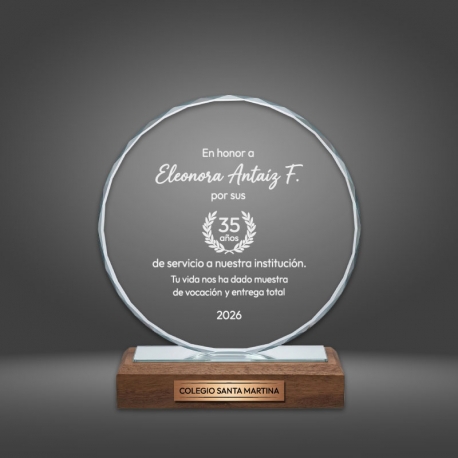 Galvano de Cristal Circle con Base de Madera - Diseño personalizado con grabado láser y Caja de Presentación Galvano de Cristal Circle con Base de Madera - Diseño personalizado con grabado láser y Caja de Presentación