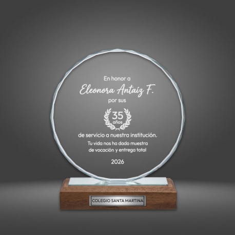 Galvano de Cristal Circle con Base de Madera - Diseño personalizado con grabado láser y Caja de Presentación Galvano de Cristal Circle con Base de Madera - Diseño personalizado con grabado láser y Caja de Presentación