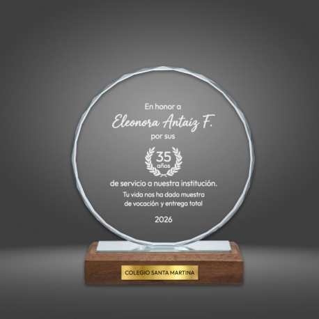Galvano de Cristal Circle con Base de Madera - Diseño personalizado con grabado láser y Caja de Presentación Galvano de Cristal Circle con Base de Madera - Diseño personalizado con grabado láser y Caja de Presentación