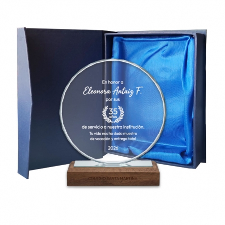 Galvano de Cristal Circle con Base de Madera - Diseño personalizado con grabado láser y Caja de Presentación Galvano de Cristal Circle con Base de Madera - Diseño personalizado con grabado láser y Caja de Presentación