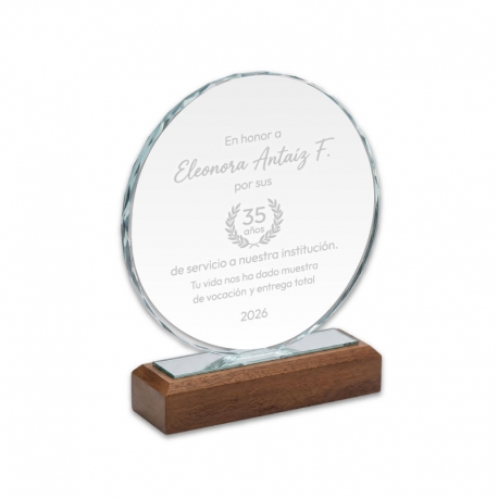 Galvano de Cristal Circle con Base de Madera - Diseño personalizado con grabado láser y Caja de Presentación Galvano de Cristal Circle con Base de Madera - Diseño personalizado con grabado láser y Caja de Presentación