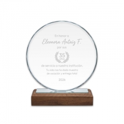 Galvano de Cristal Circle con Base de Madera - Diseño personalizado con grabado láser y Caja de Presentación