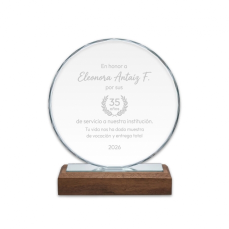 Galvano de Cristal Circle con Base de Madera - Diseño personalizado con grabado láser y Caja de Presentación Galvano de Cristal Circle con Base de Madera - Diseño personalizado con grabado láser y Caja de Presentación