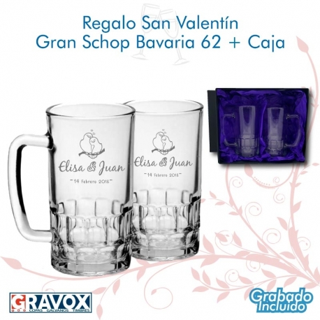 Regalo San Valentín Schop Bavaria 62. con Grabado y caja de presentación pack 2 unidades