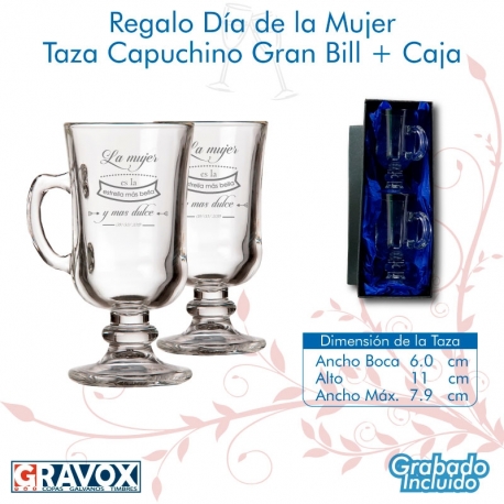 REGALO DÍA DE LA MUJER, pack 2 vasos de café personalizados con grabado láser mas caja de presentación
