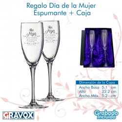 REGALO DÍA DE LA MUJER, pack 2 Copas para Espumantes y/o Champagne personalizadas, más caja de presentación. 160 cc