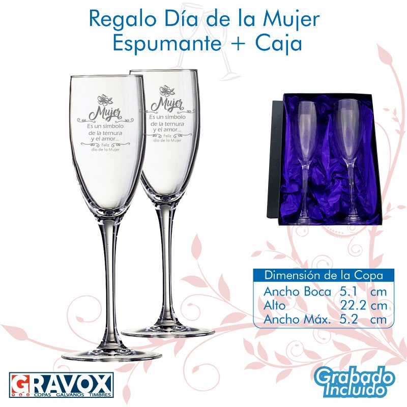 REGALO DÍA DE LA MUJER, pack 2 Copas para Espumantes y/o Champagne personalizadas, más caja de presentación.